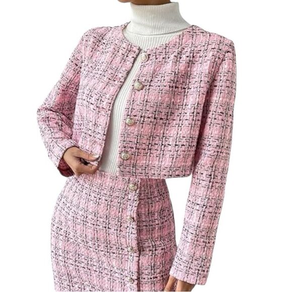 SHEIN Chic Pink cropped Tweed Women's Jacket | size L - Picture 1 of 9